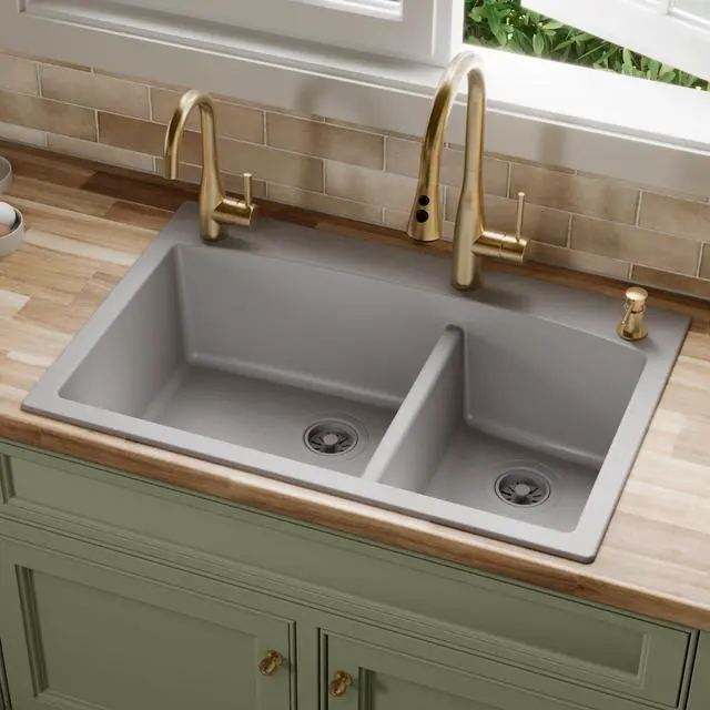 Alt view image 2 of 6 - 33 Inch Drop In Double Bowl Kitchen Sink 60/40 Quartz Composite Granite Top Mount Sink, Deep Basins, 1 Hole with Additional Knockouts, Heat & Scratch Resistant in Grey