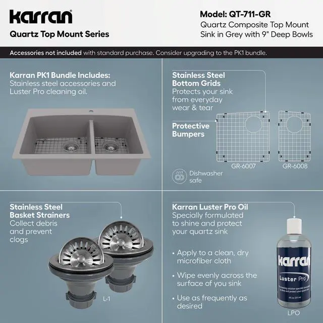 Alt view image 4 of 6 - 33 Inch Drop In Double Bowl Kitchen Sink 60/40 Quartz Composite Granite Top Mount Sink, Deep Basins, 1 Hole with Additional Knockouts, Heat & Scratch Resistant in Grey