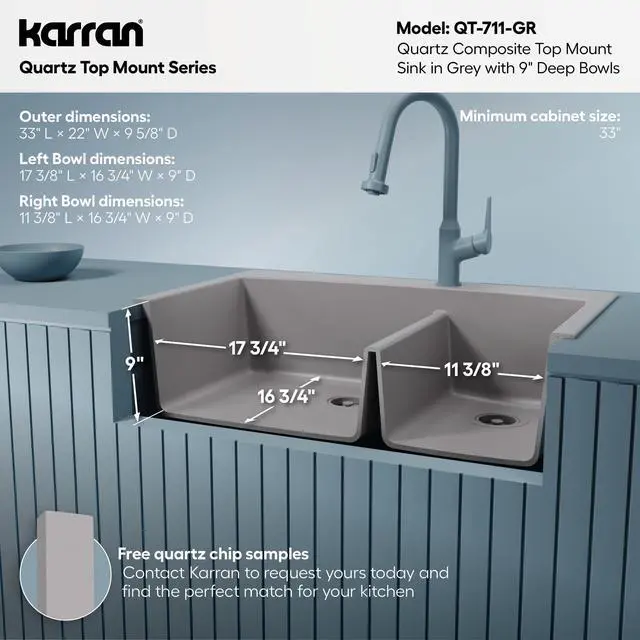 Alt view image 5 of 6 - 33 Inch Drop In Double Bowl Kitchen Sink 60/40 Quartz Composite Granite Top Mount Sink, Deep Basins, 1 Hole with Additional Knockouts, Heat & Scratch Resistant in Grey