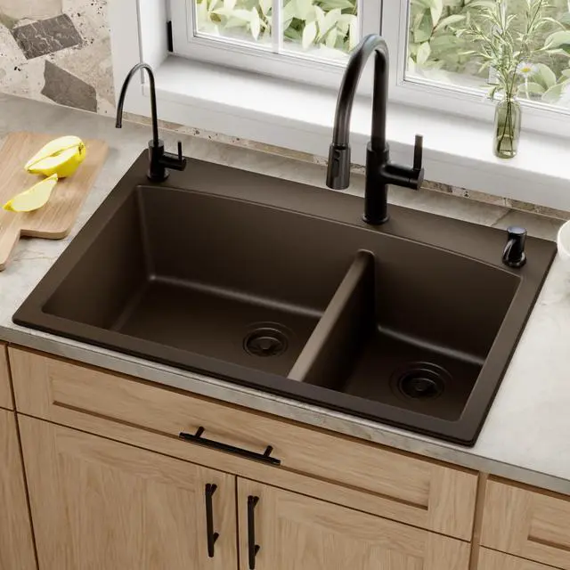 Alt view image 2 of 6 - QT-711 Drop-In Quartz Composite 33 in. 1-Hole 60/40 Double Bowl Kitchen Sink in Brown