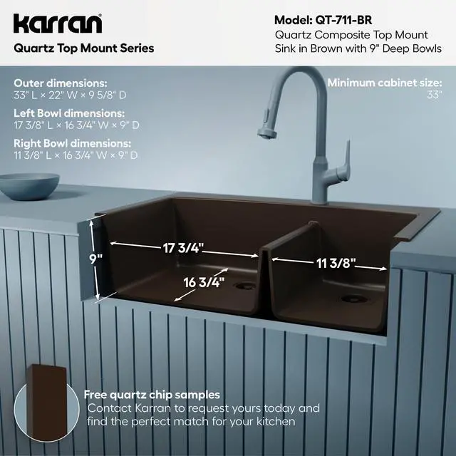 Alt view image 5 of 6 - QT-711 Drop-In Quartz Composite 33 in. 1-Hole 60/40 Double Bowl Kitchen Sink in Brown