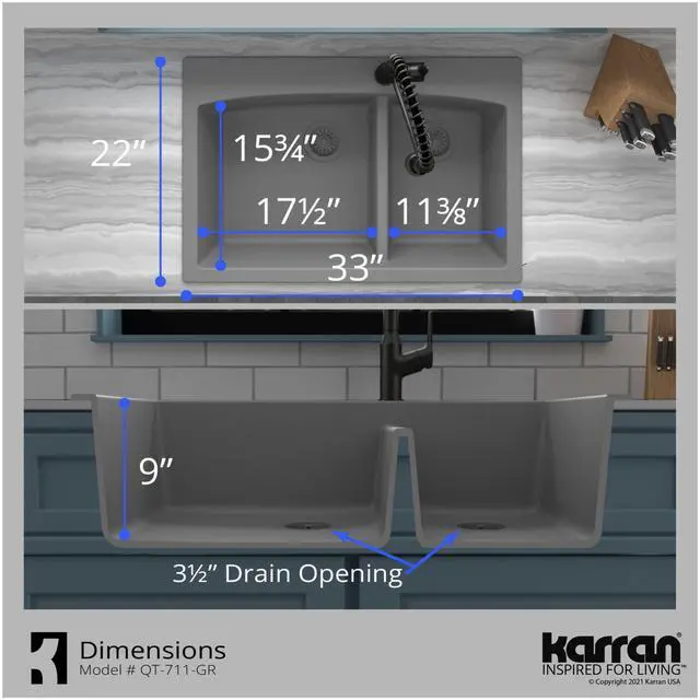 Alt view image 6 of 6 - QT-711 Drop-In Quartz Composite 33 in. 1-Hole 60/40 Double Bowl Kitchen Sink in Bisque
