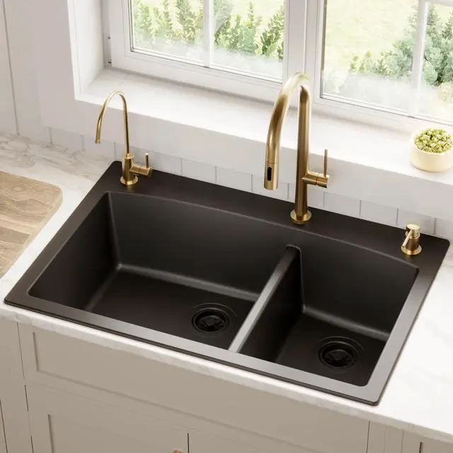 Alt view image 2 of 6 - QT-711 Drop-In Quartz Composite 33 in. 1-Hole 60/40 Double Bowl Kitchen Sink in Black
