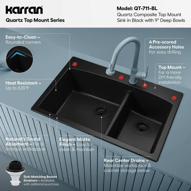 Alt view image 3 of 6 - QT-711 Drop-In Quartz Composite 33 in. 1-Hole 60/40 Double Bowl Kitchen Sink in Black