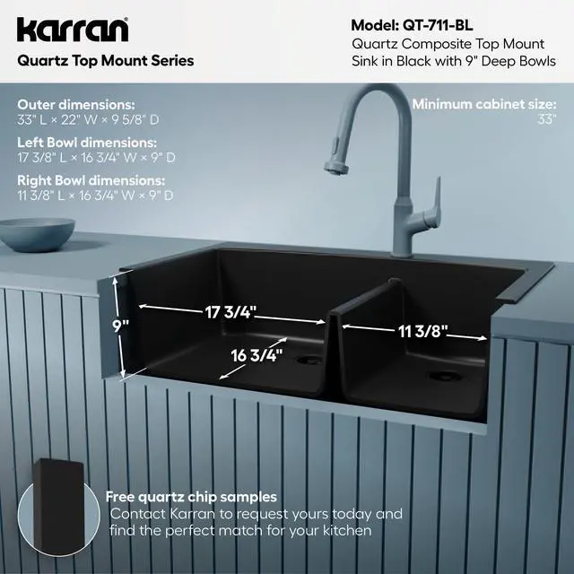 Alt view image 5 of 6 - QT-711 Drop-In Quartz Composite 33 in. 1-Hole 60/40 Double Bowl Kitchen Sink in Black