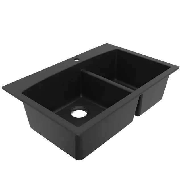Alt view image 6 of 6 - QT-711 Drop-In Quartz Composite 33 in. 1-Hole 60/40 Double Bowl Kitchen Sink in Black