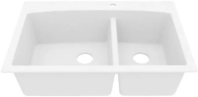 Main image of 33-Inch Quartz Composite Drop-In 60/40 Low-Divide Double Bowl Kitchen Sink, Top-Mount, White, Heat & Scratch Resistant, Pre-Drilled Faucet Hole