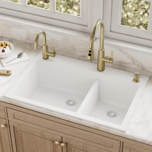 Alt view image 2 of 6 - 33-Inch Quartz Composite Drop-In 60/40 Low-Divide Double Bowl Kitchen Sink, Top-Mount, White, Heat & Scratch Resistant, Pre-Drilled Faucet Hole