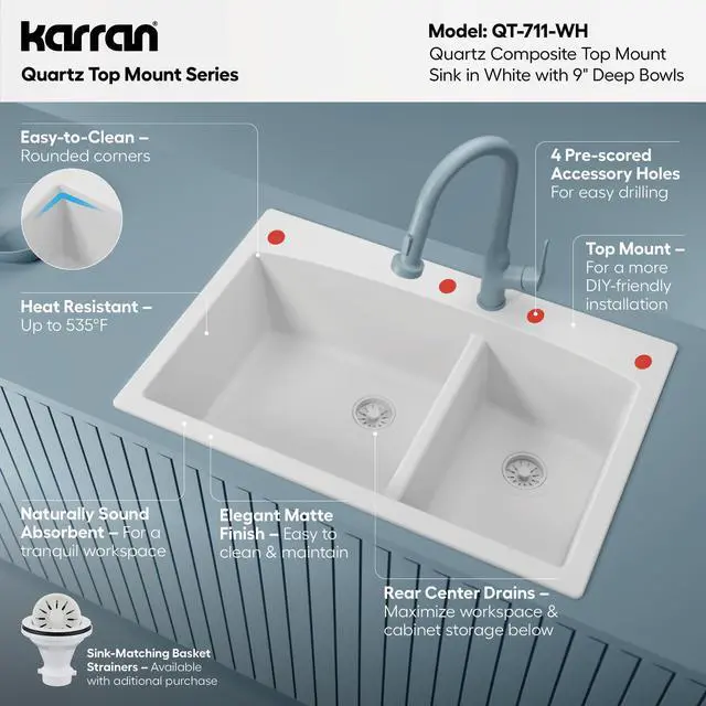 Alt view image 3 of 6 - 33-Inch Quartz Composite Drop-In 60/40 Low-Divide Double Bowl Kitchen Sink, Top-Mount, White, Heat & Scratch Resistant, Pre-Drilled Faucet Hole