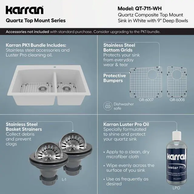 Alt view image 4 of 6 - 33-Inch Quartz Composite Drop-In 60/40 Low-Divide Double Bowl Kitchen Sink, Top-Mount, White, Heat & Scratch Resistant, Pre-Drilled Faucet Hole