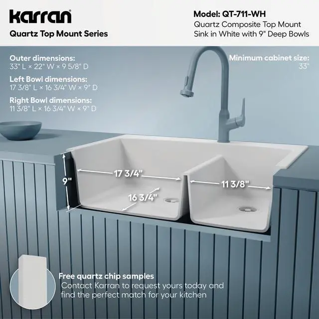 Alt view image 5 of 6 - 33-Inch Quartz Composite Drop-In 60/40 Low-Divide Double Bowl Kitchen Sink, Top-Mount, White, Heat & Scratch Resistant, Pre-Drilled Faucet Hole