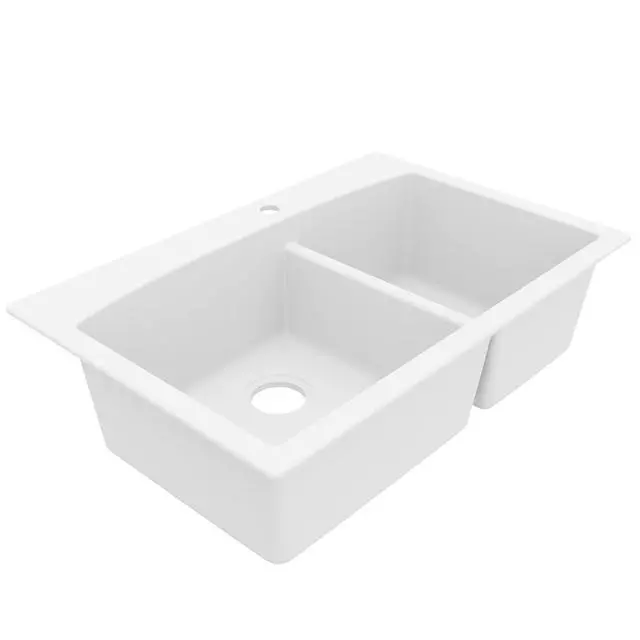 Alt view image 6 of 6 - 33-Inch Quartz Composite Drop-In 60/40 Low-Divide Double Bowl Kitchen Sink, Top-Mount, White, Heat & Scratch Resistant, Pre-Drilled Faucet Hole
