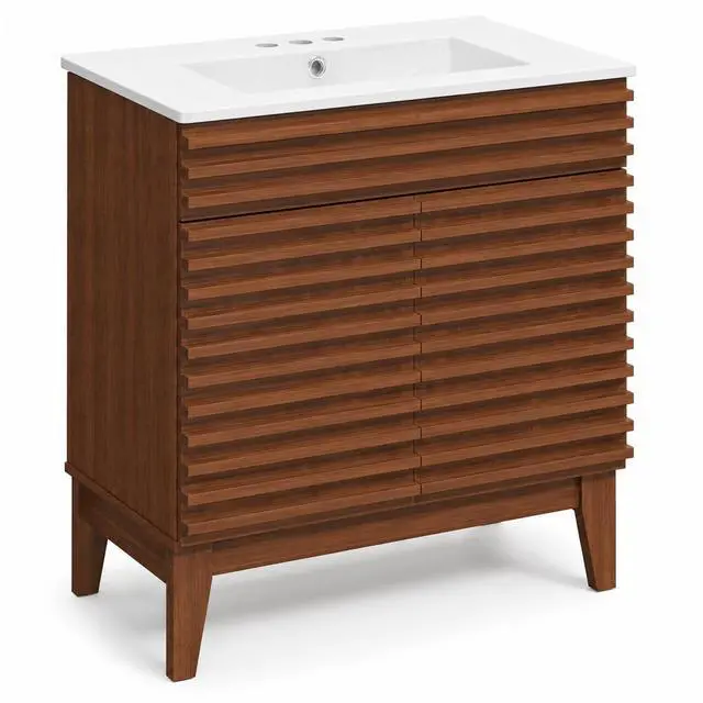 Main image of 30 Inch Bathroom Vanity with Sink, Walnut Fluted Freestanding Bathroom Vanity Cabinet with Ceramic Sink Top, Solid Wood Legs, Soft Close Double Doors and Modern Storage Cabinet