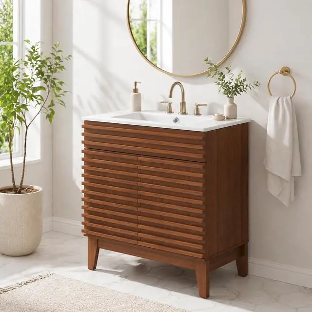 Alt view image 2 of 6 - 30 Inch Bathroom Vanity with Sink, Walnut Fluted Freestanding Bathroom Vanity Cabinet with Ceramic Sink Top, Solid Wood Legs, Soft Close Double Doors and Modern Storage Cabinet