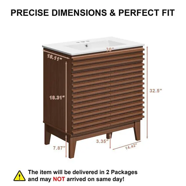 Alt view image 3 of 6 - 30 Inch Bathroom Vanity with Sink, Walnut Fluted Freestanding Bathroom Vanity Cabinet with Ceramic Sink Top, Solid Wood Legs, Soft Close Double Doors and Modern Storage Cabinet