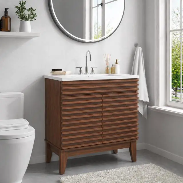 Alt view image 4 of 6 - 30 Inch Bathroom Vanity with Sink, Walnut Fluted Freestanding Bathroom Vanity Cabinet with Ceramic Sink Top, Solid Wood Legs, Soft Close Double Doors and Modern Storage Cabinet