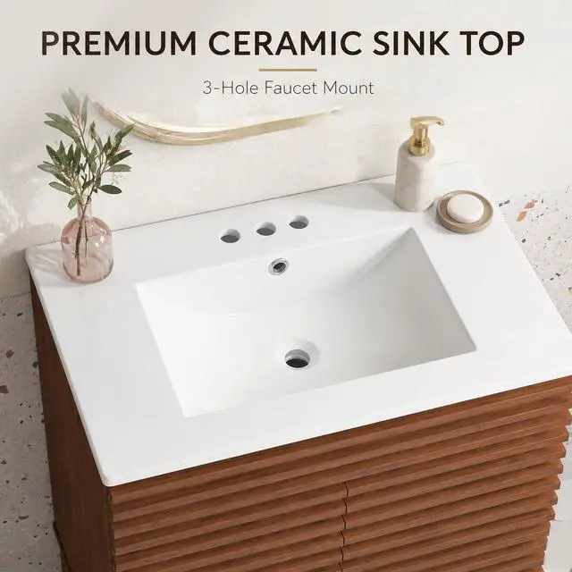 Alt view image 5 of 6 - 30 Inch Bathroom Vanity with Sink, Walnut Fluted Freestanding Bathroom Vanity Cabinet with Ceramic Sink Top, Solid Wood Legs, Soft Close Double Doors and Modern Storage Cabinet