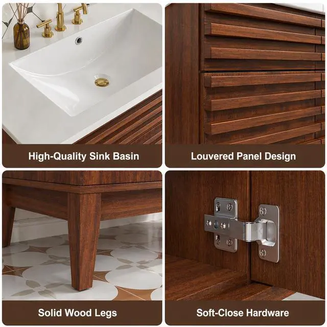 Alt view image 6 of 6 - 30 Inch Bathroom Vanity with Sink, Walnut Fluted Freestanding Bathroom Vanity Cabinet with Ceramic Sink Top, Solid Wood Legs, Soft Close Double Doors and Modern Storage Cabinet