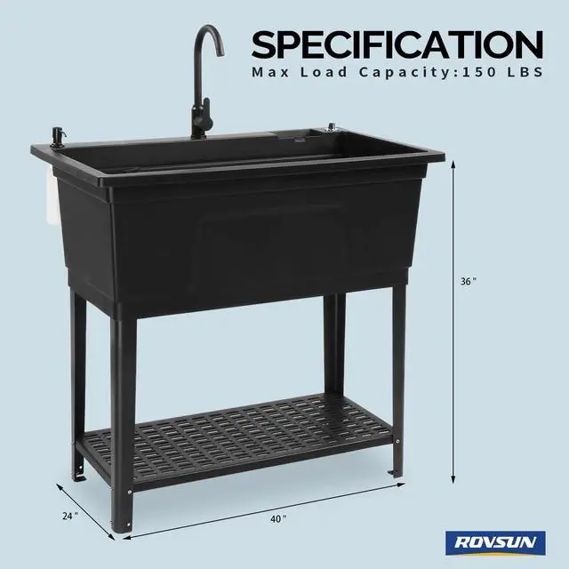 Alt view image 2 of 6 - 37-Gallon Freestanding Utility Sink with Faucet, 36" Heightened Basin for Laundry, Garage, Outdoor Garden, Pet Wash, Heavy Duty Plastic Laundry Tub with Storage Shelf, 40"L×24"W×36"H, Black