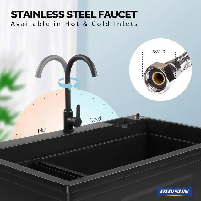 Alt view image 3 of 6 - 37-Gallon Freestanding Utility Sink with Faucet, 36" Heightened Basin for Laundry, Garage, Outdoor Garden, Pet Wash, Heavy Duty Plastic Laundry Tub with Storage Shelf, 40"L×24"W×36"H, Black