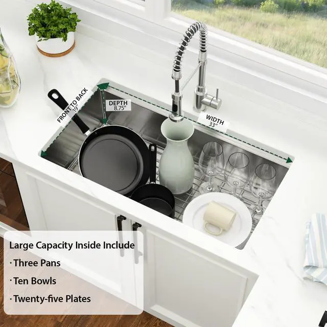 Alt view image 4 of 6 - 33 Inch Undermount Kitchen Sink 33 x 19 Kitchen Sinks Stainless Steel Undermount Sink Workstation 16 Gauge Single Bowl Under Mount Handmade Deep Basin