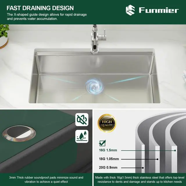 Alt view image 5 of 6 - 33 Inch Undermount Kitchen Sink 33 x 19 Kitchen Sinks Stainless Steel Undermount Sink Workstation 16 Gauge Single Bowl Under Mount Handmade Deep Basin