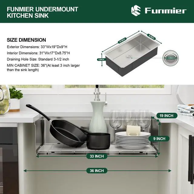 Alt view image 6 of 6 - 33 Inch Undermount Kitchen Sink 33 x 19 Kitchen Sinks Stainless Steel Undermount Sink Workstation 16 Gauge Single Bowl Under Mount Handmade Deep Basin