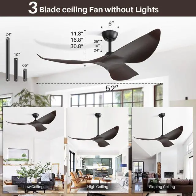 Alt view image 2 of 6 - 52" Ceiling Fan No Light, Modern, Remote Control, Low Profile, 3 Blades Ceiling Fan with Noiseless Reversible Dc Motor for Living room, Bedroom