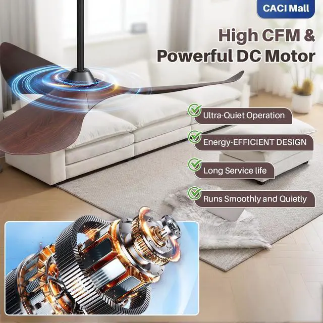 Alt view image 3 of 6 - 52" Ceiling Fan No Light, Modern, Remote Control, Low Profile, 3 Blades Ceiling Fan with Noiseless Reversible Dc Motor for Living room, Bedroom