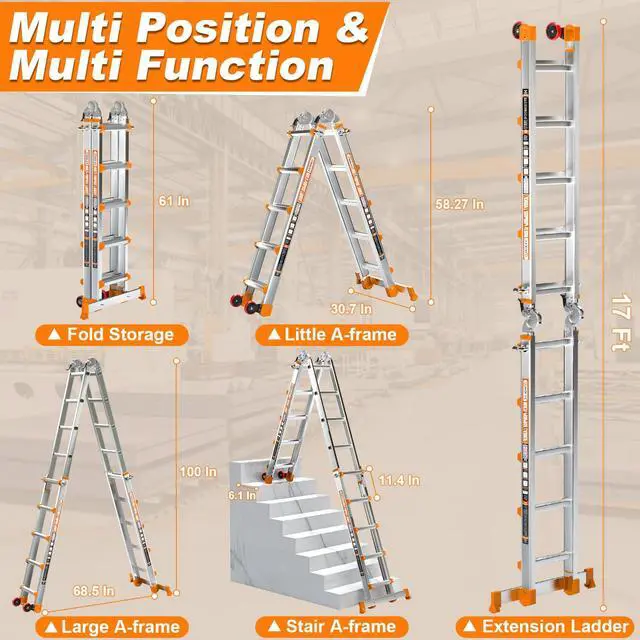 Alt view image 2 of 6 - Telescoping A-Frame Ladder with Wheels & Stabilizer Bar - 17FT Folding Extension Ladder, 330lb Security Load Multi Position Ladders for Stairs Home Indoor Outdoor Roof