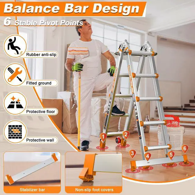 Alt view image 3 of 6 - Telescoping A-Frame Ladder with Wheels & Stabilizer Bar - 17FT Folding Extension Ladder, 330lb Security Load Multi Position Ladders for Stairs Home Indoor Outdoor Roof