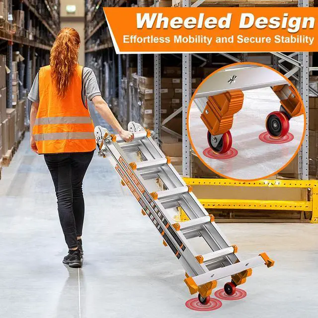 Alt view image 4 of 6 - Telescoping A-Frame Ladder with Wheels & Stabilizer Bar - 17FT Folding Extension Ladder, 330lb Security Load Multi Position Ladders for Stairs Home Indoor Outdoor Roof