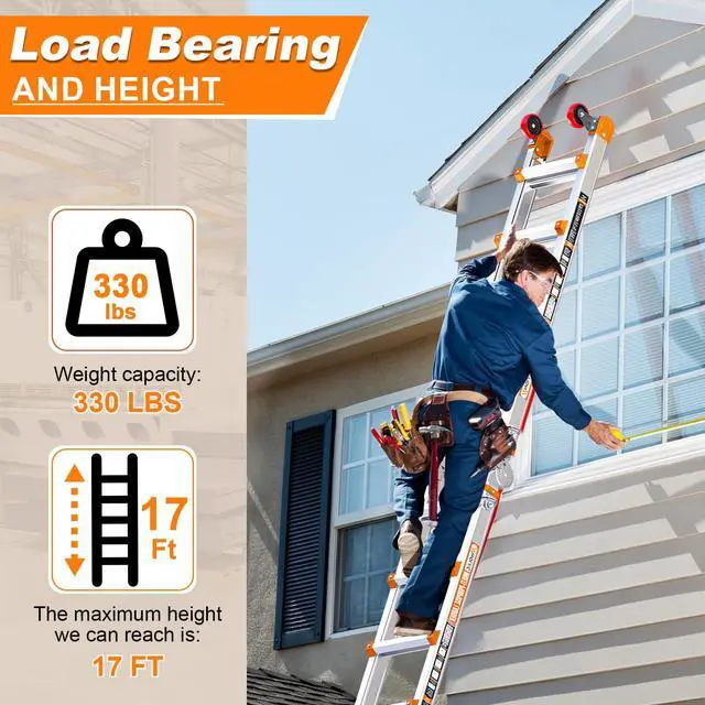 Alt view image 6 of 6 - Telescoping A-Frame Ladder with Wheels & Stabilizer Bar - 17FT Folding Extension Ladder, 330lb Security Load Multi Position Ladders for Stairs Home Indoor Outdoor Roof