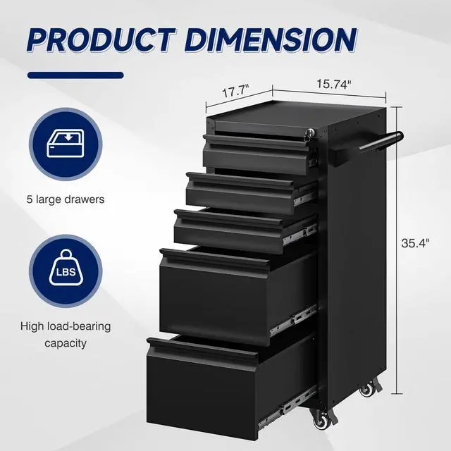 Alt view image 3 of 6 - 5-Drawer Metal Tool Storage Cabinet with Wheels,Rolling Tool Chest with Drawer and Locking Keys,Heavy Duty Tool Storage Organizer for Garage,Warehouse,Workshop
