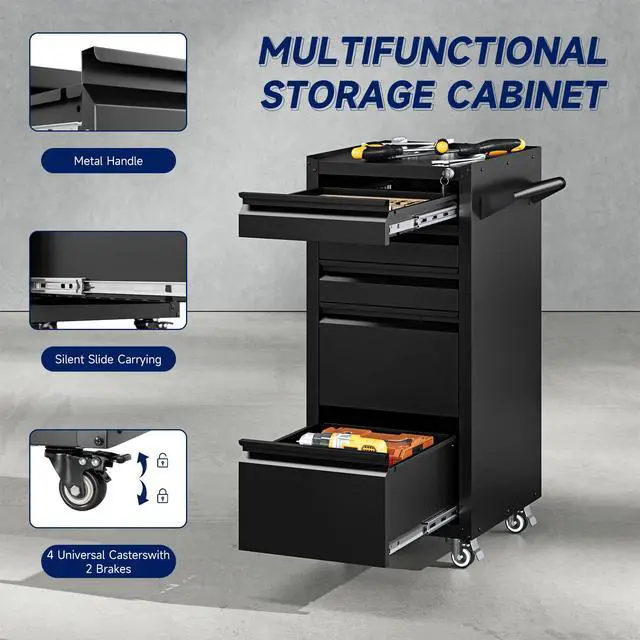 Alt view image 4 of 6 - 5-Drawer Metal Tool Storage Cabinet with Wheels,Rolling Tool Chest with Drawer and Locking Keys,Heavy Duty Tool Storage Organizer for Garage,Warehouse,Workshop