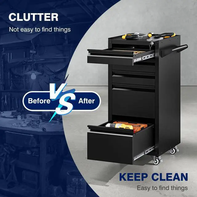 Alt view image 6 of 6 - 5-Drawer Metal Tool Storage Cabinet with Wheels,Rolling Tool Chest with Drawer and Locking Keys,Heavy Duty Tool Storage Organizer for Garage,Warehouse,Workshop