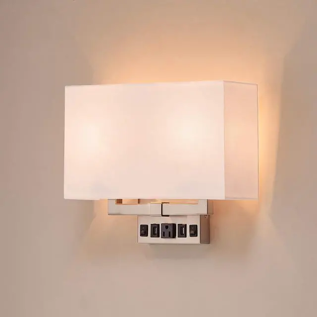 Alt view image 4 of 6 - LEDMyplace 2-Light Led Indoor Wall Sconce, Sconces for Living Room with USB Ports and Outlet, E26 Base, 120V, Brushed Nickel Finish, Iron Body, White Fabric Shade, Wall Lighting, Pack of 6