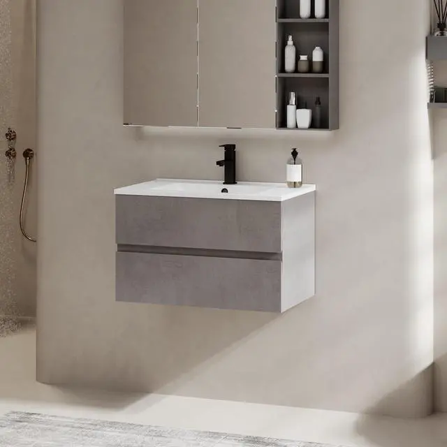 Alt view image 2 of 6 - 30" Wall Mounted Bathroom Vanity with Sink Combo Set, Floating Bathroom Storage Cabinet w/Bevelled Invisible Handles, 2 Drawers, Cement Grey (White Sink, Faucet Included)