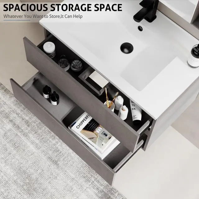 Alt view image 3 of 6 - 30" Wall Mounted Bathroom Vanity with Sink Combo Set, Floating Bathroom Storage Cabinet w/Bevelled Invisible Handles, 2 Drawers, Cement Grey (White Sink, Faucet Included)