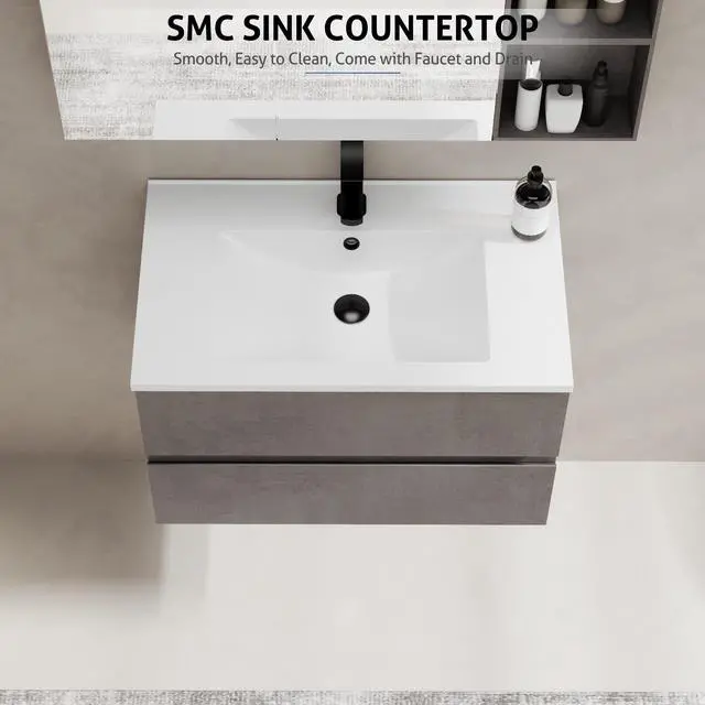 Alt view image 5 of 6 - 30" Wall Mounted Bathroom Vanity with Sink Combo Set, Floating Bathroom Storage Cabinet w/Bevelled Invisible Handles, 2 Drawers, Cement Grey (White Sink, Faucet Included)