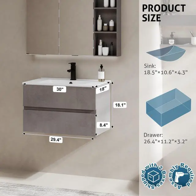 Alt view image 6 of 6 - 30" Wall Mounted Bathroom Vanity with Sink Combo Set, Floating Bathroom Storage Cabinet w/Bevelled Invisible Handles, 2 Drawers, Cement Grey (White Sink, Faucet Included)
