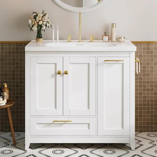 Alt view image 2 of 6 - 36 Inch Bathroom Vanity with Sink, Freestanding Modern Bathroom Vanity with Undermount Ceramic Sink, Storage Cabinet with Drawer and Tilt-Out Laundry Hamper Basket, Assembly Required, White