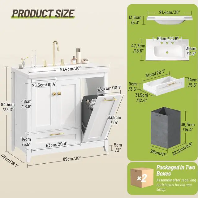 Alt view image 3 of 6 - 36 Inch Bathroom Vanity with Sink, Freestanding Modern Bathroom Vanity with Undermount Ceramic Sink, Storage Cabinet with Drawer and Tilt-Out Laundry Hamper Basket, Assembly Required, White