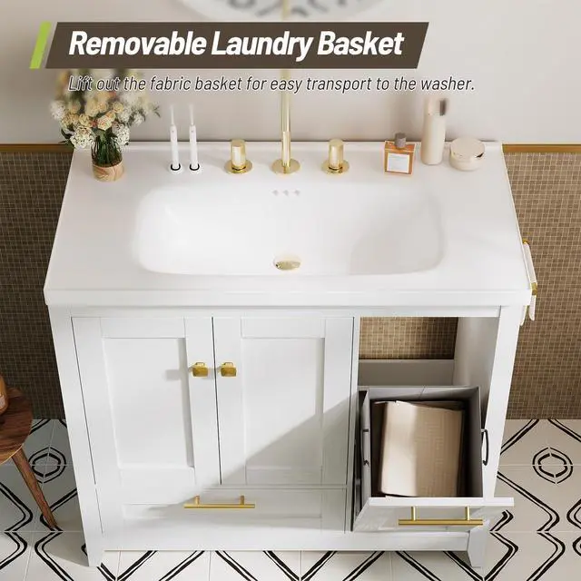 Alt view image 4 of 6 - 36 Inch Bathroom Vanity with Sink, Freestanding Modern Bathroom Vanity with Undermount Ceramic Sink, Storage Cabinet with Drawer and Tilt-Out Laundry Hamper Basket, Assembly Required, White
