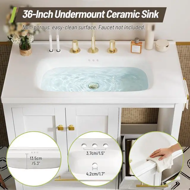 Alt view image 5 of 6 - 36 Inch Bathroom Vanity with Sink, Freestanding Modern Bathroom Vanity with Undermount Ceramic Sink, Storage Cabinet with Drawer and Tilt-Out Laundry Hamper Basket, Assembly Required, White