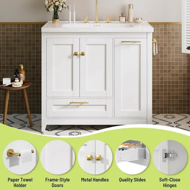 Alt view image 6 of 6 - 36 Inch Bathroom Vanity with Sink, Freestanding Modern Bathroom Vanity with Undermount Ceramic Sink, Storage Cabinet with Drawer and Tilt-Out Laundry Hamper Basket, Assembly Required, White