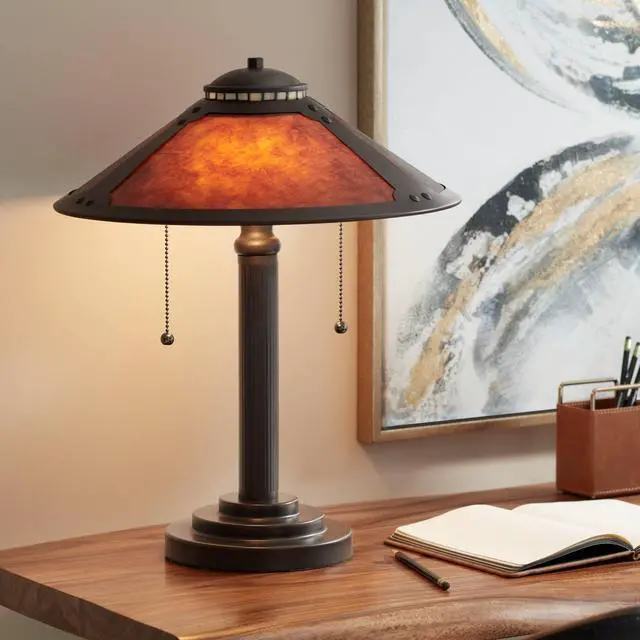 Alt view image 2 of 6 - Mica Collection Mission Tiffany Style Desk Table Lamp 18 1/2" High Rustic Oil Rubbed Bronze Natural Mica Shade Cottage Core Decor for Bedroom House Bedside Nightstand Home