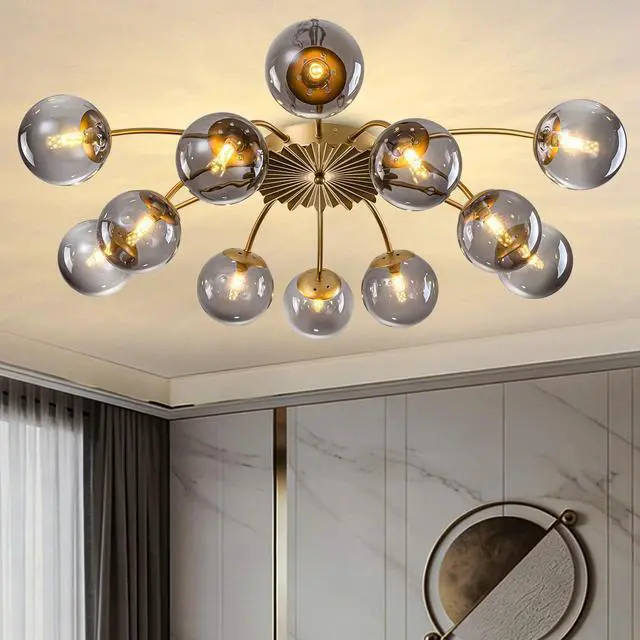Main image of 12-Light Sputnik Bubble Chandelier Light Fixture,40" Modern Semi-Flush Chandelier Light with Glass Globes, Art Deco Bubble Lighting Fixture for Living Room, Dining Room, Entryway (Grey, 12-Light)