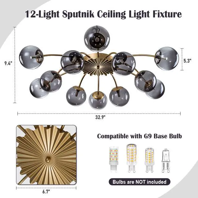 Alt view image 2 of 6 - 12-Light Sputnik Bubble Chandelier Light Fixture,40" Modern Semi-Flush Chandelier Light with Glass Globes, Art Deco Bubble Lighting Fixture for Living Room, Dining Room, Entryway (Grey, 12-Light)