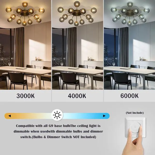 Alt view image 3 of 6 - 12-Light Sputnik Bubble Chandelier Light Fixture,40" Modern Semi-Flush Chandelier Light with Glass Globes, Art Deco Bubble Lighting Fixture for Living Room, Dining Room, Entryway (Grey, 12-Light)